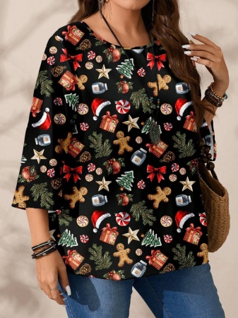 EMERY ROSE Plus Size Women's Casual Romantic Plaid Pattern Colorblock Print Round Neck Loose 3/4 Sleeve Shirt, Black Fall Tops Women Womens Casual Tops Casual Blouses For Women Business Casual Woman Top Quarter Sleeve Tops - Image 64