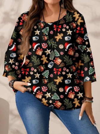 EMERY ROSE Plus Size Women's Casual Romantic Plaid Pattern Colorblock Print Round Neck Loose 3/4 Sleeve Shirt, Black Fall Tops Women Womens Casual Tops Casual Blouses For Women Business Casual Woman Top Quarter Sleeve Tops - Image 65