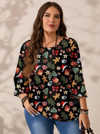 EMERY ROSE Plus Size Women's Casual Romantic Plaid Pattern Colorblock Print Round Neck Loose 3/4 Sleeve Shirt, Black Fall Tops Women Womens Casual Tops Casual Blouses For Women Business Casual Woman Top Quarter Sleeve Tops - Image 66