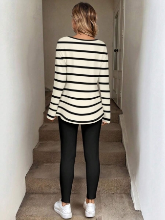 SHEIN LUNE Plus Size Women 2 Pieces Set: Long Sleeve T-Shirt And Leggings, Autumn/Winter Pregnant Clothes Pregnant Outfits Women Long Sleeve Tops Maternity Shirts For Women Maternity Clothes Fall Winter Striped Long Sleeve Top - Image 3