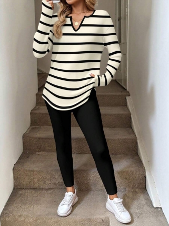 SHEIN LUNE Plus Size Women 2 Pieces Set: Long Sleeve T-Shirt And Leggings, Autumn/Winter Pregnant Clothes Pregnant Outfits Women Long Sleeve Tops Maternity Shirts For Women Maternity Clothes Fall Winter Striped Long Sleeve Top - Image 4