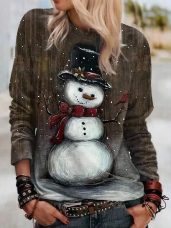 EMERY ROSE Christmas Ladies' Casual Snowman Printed Round Neck Long Sleeved Loose Top, Spring And Autumn Base T-Shirt, Geometric Pattern, Comfortable Fit, Digital Printing, Durable Stitching, Essential For Fashion Enthusiasts, Seasonal Clothing