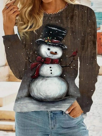 EMERY ROSE Christmas Ladies' Casual Snowman Printed Round Neck Long Sleeved Loose Top, Spring And Autumn Base T-Shirt, Geometric Pattern, Comfortable Fit, Digital Printing, Durable Stitching, Essential For Fashion Enthusiasts, Seasonal Clothing - Image 7