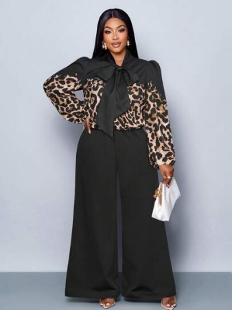 Maweii Plus Size Women's Fashion Leopard Pattern Positioning Print Bow Long-Sleeved Shirt And Loose Solid Long Wide-Leg Pants Two Pieces Suit, Simple Temperament Two Pieces Suit, Workplace Commuting Old Money Style, Suitable For Daily Casual Wear, Picnics, Dates, Music Festivals, Valentine's Day, Graduation Season, Parties, Etc. "Women's Autumn Clothing, Fall, Winter