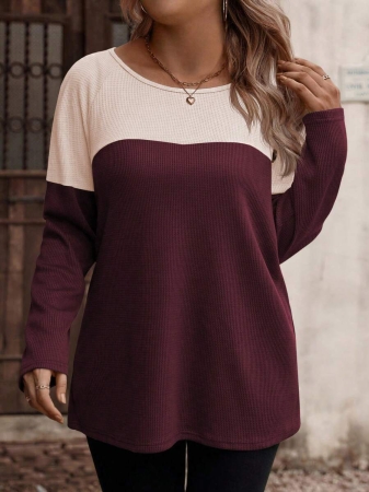 EMERY ROSE Women's Plus Size Round Neck Long Sleeve Colorblock T-Shirt With Decorative Buttons, Small Plaid Textured Fabric, Autumn/Winter - Image 32