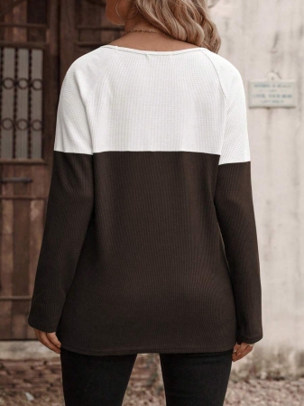 EMERY ROSE Women's Plus Size Round Neck Long Sleeve Colorblock T-Shirt With Decorative Buttons, Small Plaid Textured Fabric, Autumn/Winter - Image 46