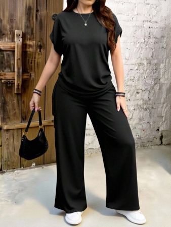 EMERY ROSE 2pcs Plus Size Casual Solid Dark Brown Set, Suitable For Summer - Image 3