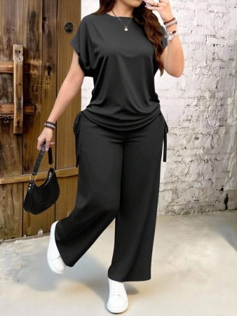 EMERY ROSE 2pcs Plus Size Casual Solid Dark Brown Set, Suitable For Summer - Image 4