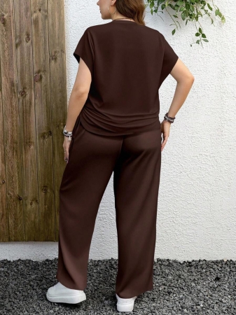 EMERY ROSE 2pcs Plus Size Casual Solid Dark Brown Set, Suitable For Summer - Image 8