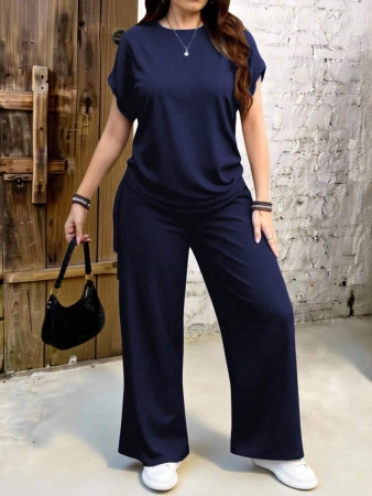 EMERY ROSE 2pcs Plus Size Casual Solid Dark Brown Set, Suitable For Summer - Image 22