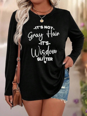 EMERY ROSE Plus Size Women Casual Slogan Print Round Neck Long Sleeve T-Shirt Graphic Tees Women Tops For Spring Outfit - Image 5