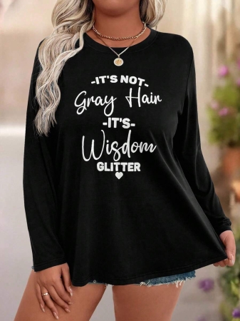 EMERY ROSE Plus Size Women Casual Slogan Print Round Neck Long Sleeve T-Shirt Graphic Tees Women Tops For Spring Outfit - Image 6