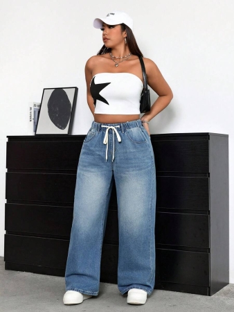 Plus Size Women Drawstring Waist Pockets Straight Loose Casual Versatile Jeans - Image 5