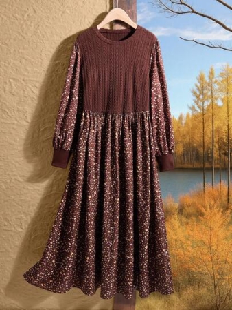 EMERY ROSE Plus Size Women Casual Floral Patchwork Midi Dress, Autumn/Winter