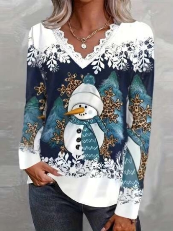 Plus Size Women Christmas Snowman 3D Print Long Sleeve T-Shirt, Popular Style