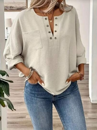 Plus Size Women Dropped Shoulder Long Sleeve Solid Color Pocket Button Metal Casual Shirt