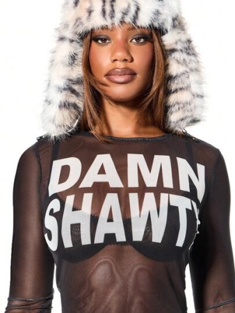 SUMWON WOMEN Sheer Mesh Long Sleeve Crop Top With Bold Statement Print For Night Out Party