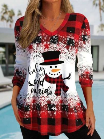 Women Christmas Plaid Snowman Print Casual T-Shirt, Autumn & Winter