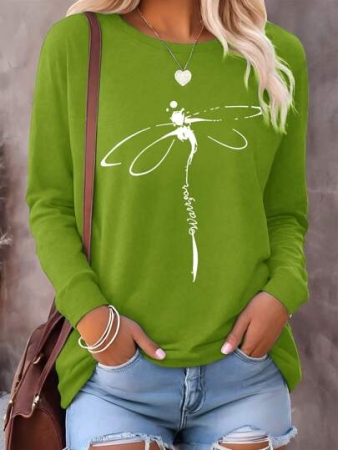 INAWLY Graphic Print Round Neck Casual Versatile Long Sleeve T-Shirt Graphic Tees Women Tops For Spring Fall Cloth For Women