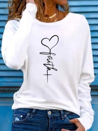 Ladies Long Sleeve Loose Crew Neck Top, Elegant Solid Color Polyester Knit T-Shirt, Autumn And Winter Fashion, Love Design Suitable For Women