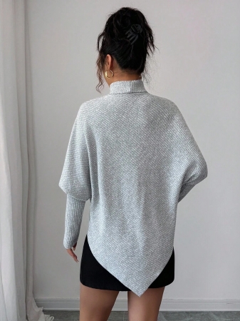 Elenzga Elegant Design Asymmetrical Curled Hem Faux Knit Fuzzy Ribbed Turtleneck Versatile Women's T-Shirt - Image 3