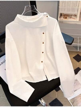 GlowEve Elegant Commuting Casual Fashionable Chic White Blouse For Women, Stand Collar Versatile Top With Unique Design