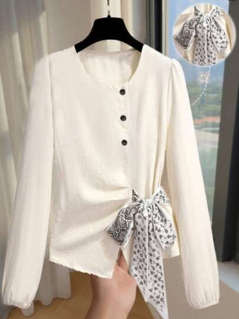 GlowEve Women's Fashionable Elegant Scarf Tie Collar Long Sleeve Blouse