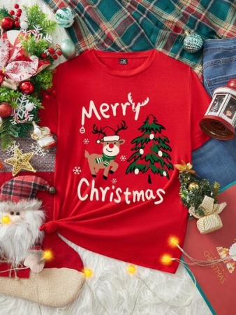 SHEIN LUNE Casual Loose Crew Neck Short Sleeve Women T-Shirt, Red, Suitable For Christmas, Merry Christmas, Reindeer, Christmas Tree,Christmas,Red Top