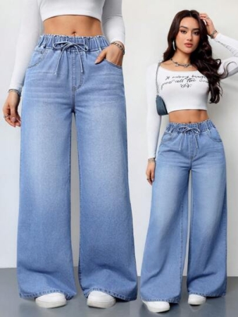 SHEIN Tall Women's Casual High Waist Wide Leg Trousers Blue Women's Jeans Women's Summer Clothing Elastic Waistbandn Women Summer Clothes Women Clothes Women Pants Wide Leg Women Wide Leg Pants