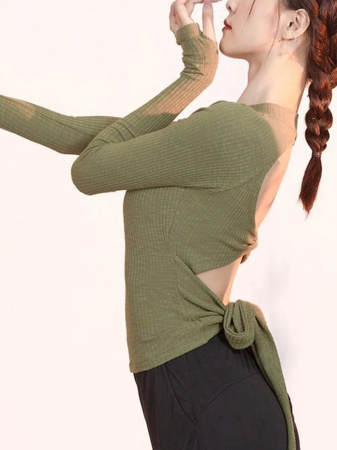 Women's Yoga Long Sleeved T-Shirt, Sexy Cross Backless Design Short Top - Image 4