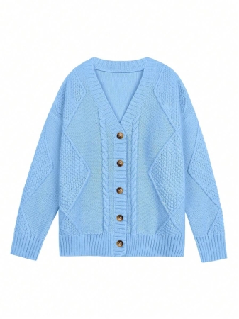 Women's V-Neck Cardigan A Loose-Fit Long-Sleeve Style With Fried Noodle Pattern & Retro Button Design. This Machine-Washable Casual Winter Outerwear Is Suitable For Office And Daily Outfits. - Image 7