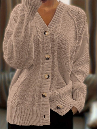 Women's V-Neck Cardigan A Loose-Fit Long-Sleeve Style With Fried Noodle Pattern & Retro Button Design. This Machine-Washable Casual Winter Outerwear Is Suitable For Office And Daily Outfits. - Image 14