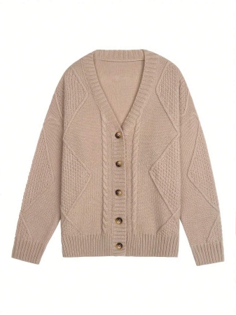 Women's V-Neck Cardigan A Loose-Fit Long-Sleeve Style With Fried Noodle Pattern & Retro Button Design. This Machine-Washable Casual Winter Outerwear Is Suitable For Office And Daily Outfits. - Image 15