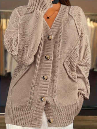 Women's V-Neck Cardigan A Loose-Fit Long-Sleeve Style With Fried Noodle Pattern & Retro Button Design. This Machine-Washable Casual Winter Outerwear Is Suitable For Office And Daily Outfits. - Image 16
