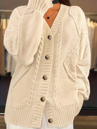 Women's V-Neck Cardigan A Loose-Fit Long-Sleeve Style With Fried Noodle Pattern & Retro Button Design. This Machine-Washable Casual Winter Outerwear Is Suitable For Office And Daily Outfits. - Image 24