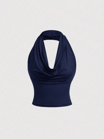 SHEIN MOD Women's Elegant Solid Color Versatile Halter Neck Top, Summer - Image 63