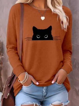 INAWLY Women's Casual Cat Print Round Neck Long Sleeve T-Shirt, Autumn Graphic Tees Women Tops For Spring Outfit