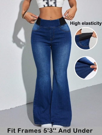 SHEIN PETITE Women's Blue Jeans Skinny Flared Pants Comfortable High Elastic Denim Summer Office Wear Siren Style - Image 9