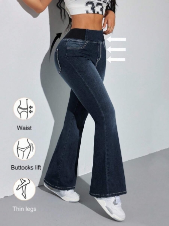 SHEIN PETITE Women's Blue Jeans Skinny Flared Pants Comfortable High Elastic Denim Summer Office Wear Siren Style - Image 17