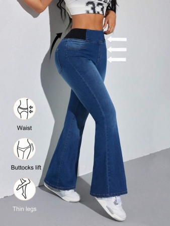 SHEIN PETITE Women's Blue Jeans Skinny Flared Pants Comfortable High Elastic Denim Summer Office Wear Siren Style - Image 23