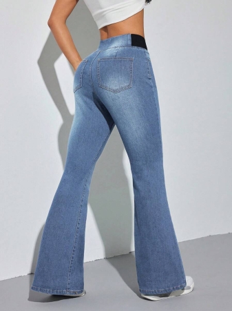 SHEIN PETITE Women's Blue Jeans Skinny Flared Pants Comfortable High Elastic Denim Summer Office Wear Siren Style - Image 39