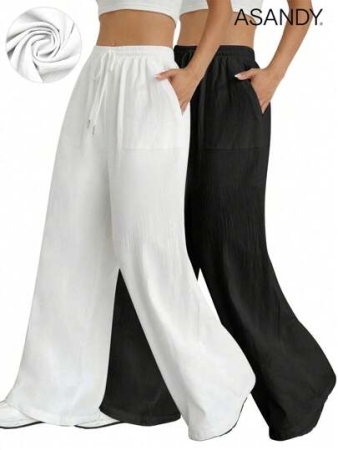 2pcs/Set Loose Fit Wide Leg Pants, Drawstring Waist Plain Color Casual Trousers