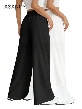 2pcs/Set Loose Fit Wide Leg Pants, Drawstring Waist Plain Color Casual Trousers - Image 3