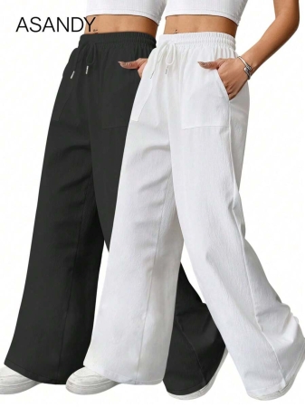 2pcs/Set Loose Fit Wide Leg Pants, Drawstring Waist Plain Color Casual Trousers - Image 4