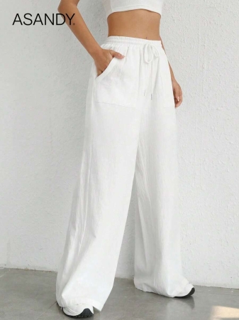 2pcs/Set Loose Fit Wide Leg Pants, Drawstring Waist Plain Color Casual Trousers - Image 5
