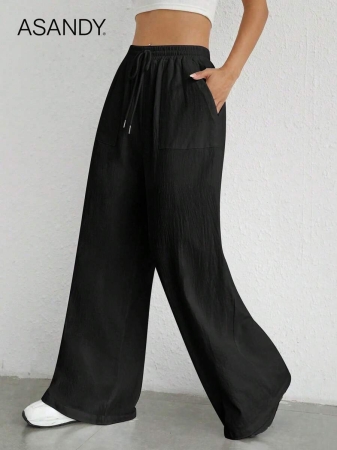 2pcs/Set Loose Fit Wide Leg Pants, Drawstring Waist Plain Color Casual Trousers - Image 6