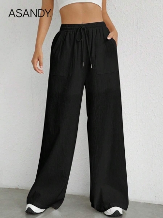 2pcs/Set Loose Fit Wide Leg Pants, Drawstring Waist Plain Color Casual Trousers - Image 8