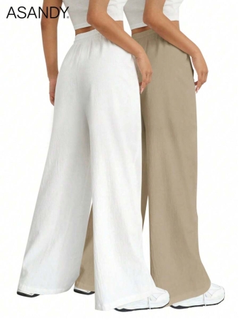 2pcs/Set Loose Fit Wide Leg Pants, Drawstring Waist Plain Color Casual Trousers - Image 10