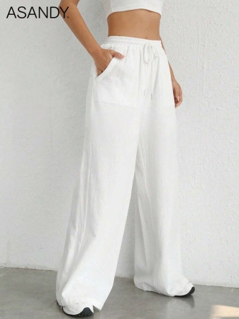2pcs/Set Loose Fit Wide Leg Pants, Drawstring Waist Plain Color Casual Trousers - Image 12