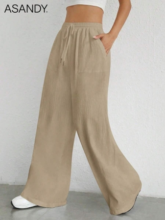 2pcs/Set Loose Fit Wide Leg Pants, Drawstring Waist Plain Color Casual Trousers - Image 13